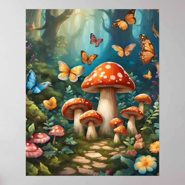 Enchanted Forest Magic Mushroom Butterflies Flower Poster (Front)