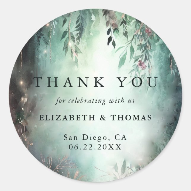 Enchanted Forest Magical Vines Wedding Thank You Classic Round Sticker (Front)
