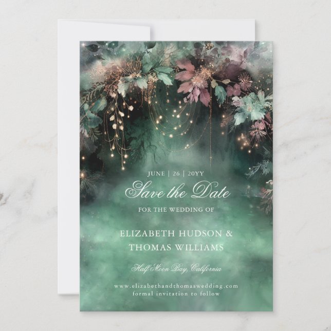 Enchanted Forest Mauve Gold Wedding Save the Date Invitation (Front)