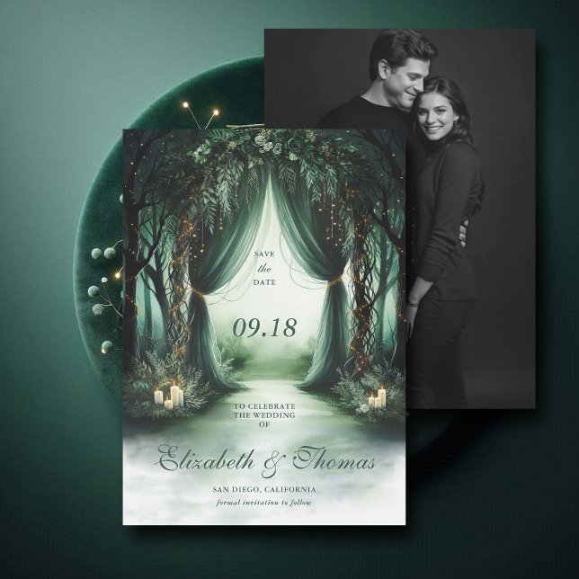 Enchanted Forest Moody Dark Woodland Photo Wedding Save The Date (enchanted forest woodland wedding save the date arch canopy calligraphy fairy tale magic bespoke)
