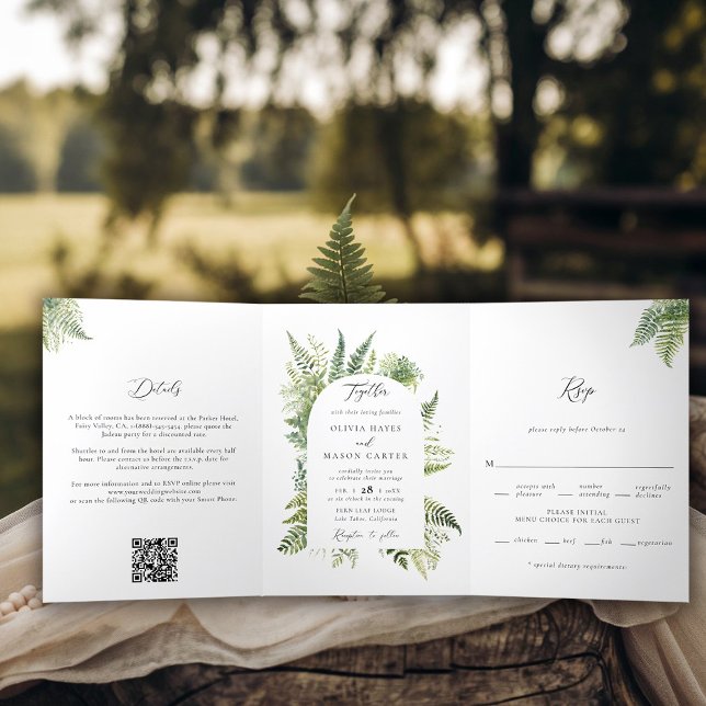 Enchanted Forest Mountain Ferns All in One Wedding Tri-Fold Invitation (enchanted forest wedding invitation botanical crest ferns outdoors mountains sage all one trifold)