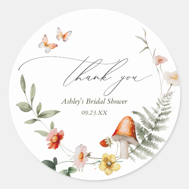 Enchanted Forest Mushroom Bridal Shower Classic Round Sticker (Front)