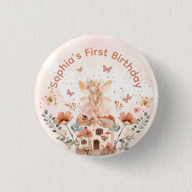 Enchanted Forest Mushroom Girl's First Birthday  1 Inch Round Button (Front)