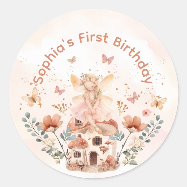 Enchanted Forest Mushroom Girl's First Birthday  Classic Round Sticker (Front)