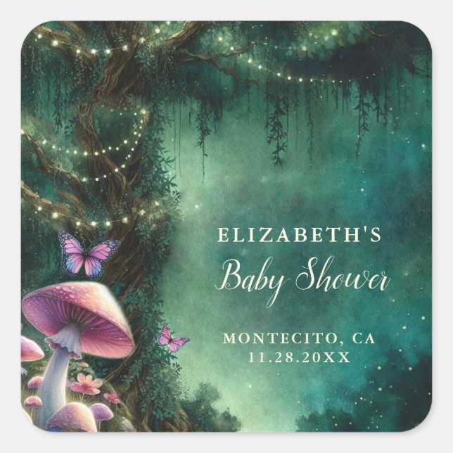 Enchanted Forest Mushrooms Baby Shower Welcome Square Sticker (Front)