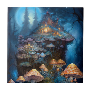 Enchanted Forest Mushrooms Castle Fantasy Art Tile