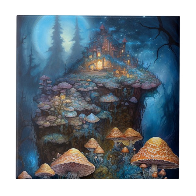 Enchanted Forest Mushrooms Castle Fantasy Art Tile (Front)