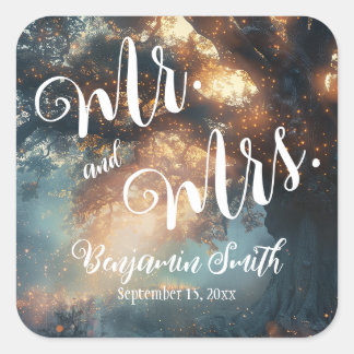 Enchanted Forest Oak Tree Fairy Lights Wedding Square Sticker