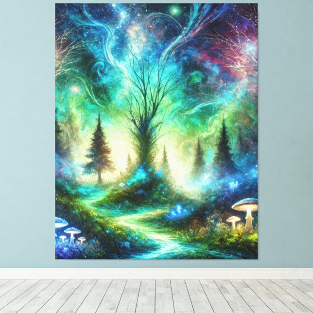 Enchanted Forest Path Glowing Mushrooms Cosmic Sky Canvas Print (Insitu(Wood Floor))
