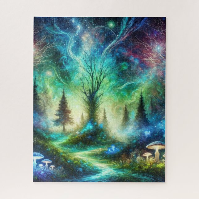 Enchanted Forest Path Glowing Mushrooms Cosmic Sky Jigsaw Puzzle (Vertical)