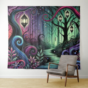 Enchanted Forest Path with Glowing Lanterns Tapestry