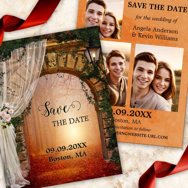Enchanted Forest Photo Save the Date Announcement (Photo Save the Date card featuring a Roman arch with lantern leading to an enchanted forest)