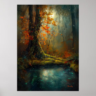 Enchanted Forest Pond - Mystical Woodland Art Poster