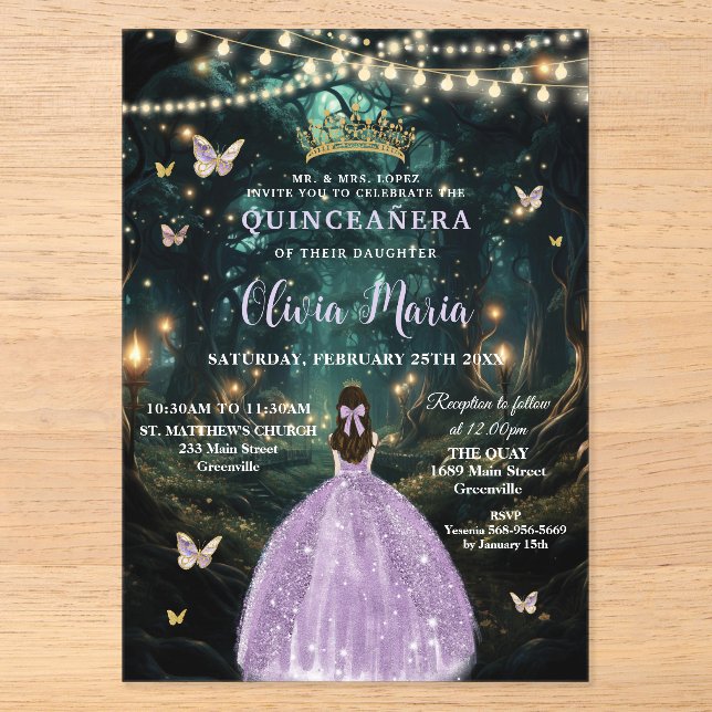 Enchanted Forest Purple Lilac Dress Quinceañera Acrylic Invitations (Front)