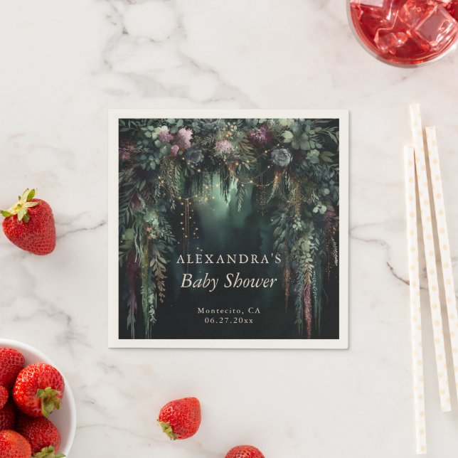 Enchanted Forest Purple Roses Woodland Baby Shower Napkin (Insitu)