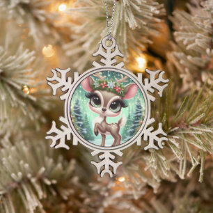 Enchanted Forest Reindeer Princess Snowflake Pewter Christmas Ornament