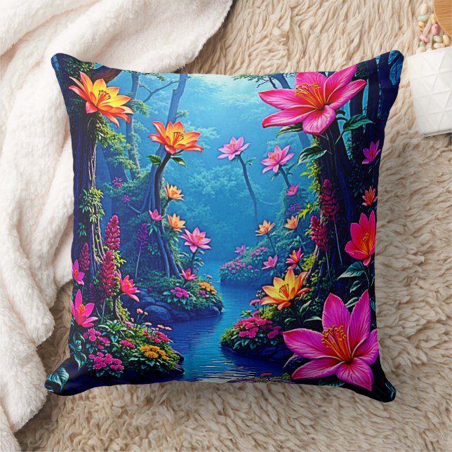 Enchanted Forest River Bloom Art Throw Pillow (Blanket)