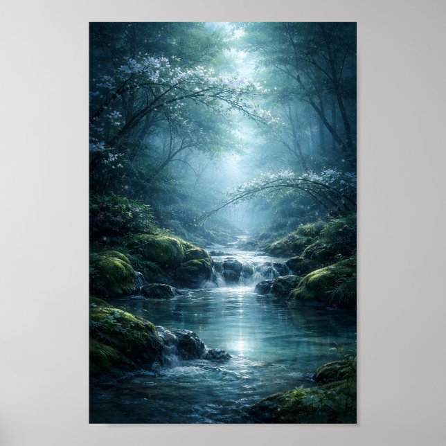 Enchanted Forest River Under Moonlight Art Poster (Front)