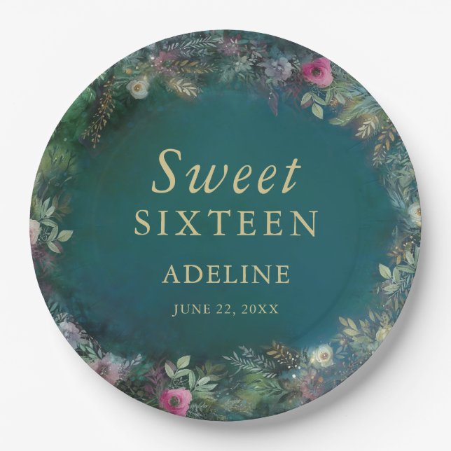 Enchanted Forest Rose Greenery Fairy Woodland Name Paper Plate (Front)