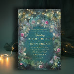 Enchanted Forest Roses Arch Woodland Gold Wedding Invitation<br><div class="desc">Enchanted Forest Wedding Invitation | Fairy Tale Woodland Theme | Emerald Green & Gold This enchanted forest wedding invitation features lush, wild greenery, hanging foliage, and tree branches draped with fairy lights in a faux gold effect, creating a romantic, magical atmosphere. A frame of fuchsia pink, purple, and cream roses...</div>