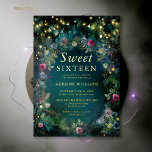 Enchanted Forest Roses Gold Twinkle Light Sweet 16<br><div class="desc">A whimsical watercolor illustration of lush foliage in emerald green and mauve and purple, sparkling bright with fairy lights and magic dust, decorates this spring summer fall Sweet 16 invitation with an enchanted forest theme that also features a frame of delicate roses in pink, fuchsia, purple and mauve. The text,...</div>