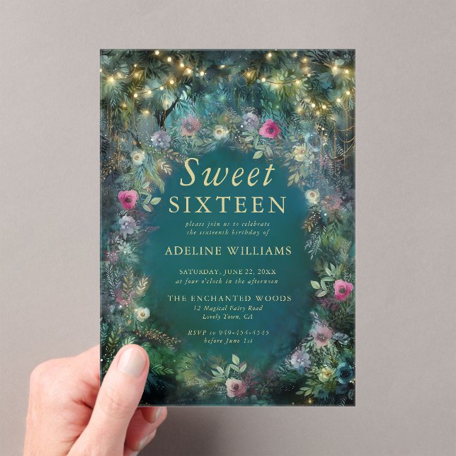 Enchanted Forest Roses Greenery Woodland Sweet 16 Acrylic Invitations (Insitu (Handheld))