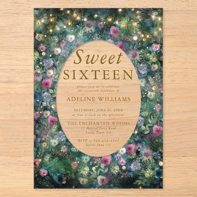 Enchanted Forest Roses Wild Woodland Sweet 16 Acrylic Invitations (Front)
