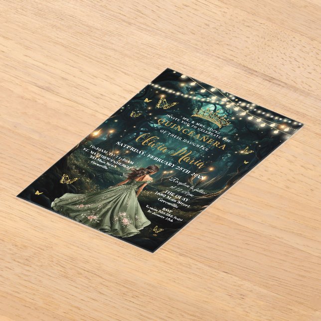 Enchanted Forest Sage Green Dress Quinceañera 16 Acrylic Invitations (Laydown)