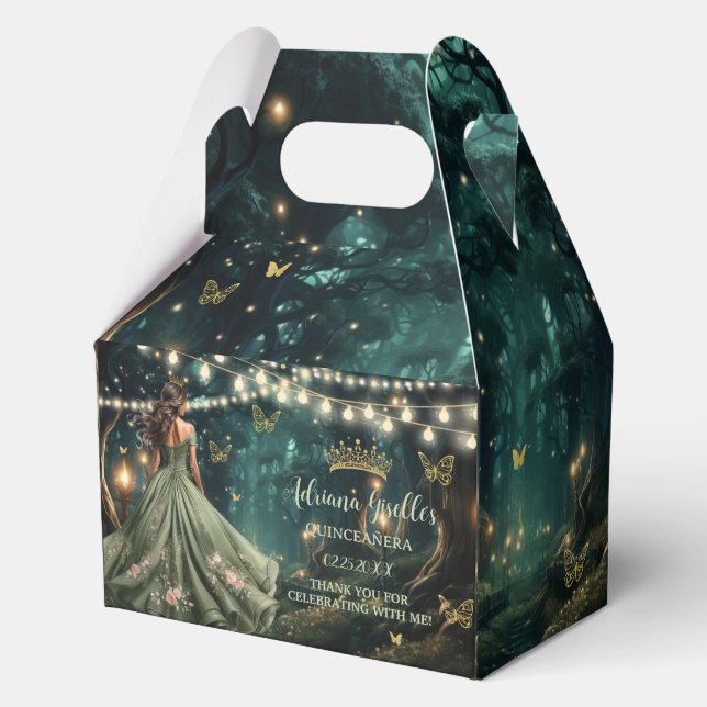 Enchanted Forest Sage Green Dress Quinceañera 16th Favor Box (Front)
