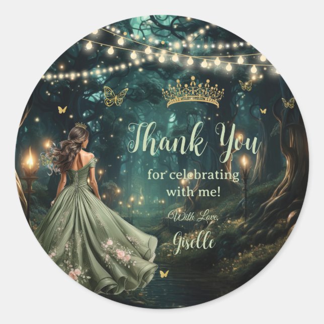 Enchanted Forest Sage Green Dress Quinceañera Classic Round Sticker (Front)