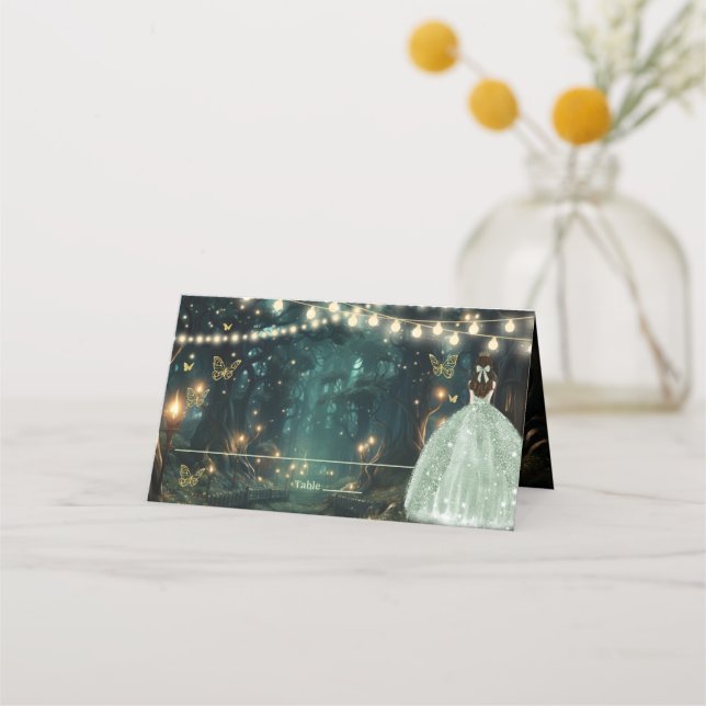 Enchanted Forest Sage Green Dress Quinceañera  Place Card (Front)
