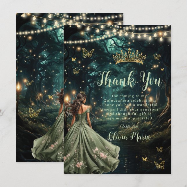 Enchanted Forest Sage Green Dress Quinceañera  Thank You Card (Front/Back)
