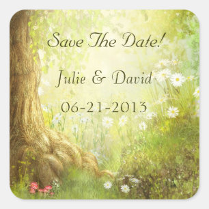 Enchanted Forest Scene Save The Date Square Sticker