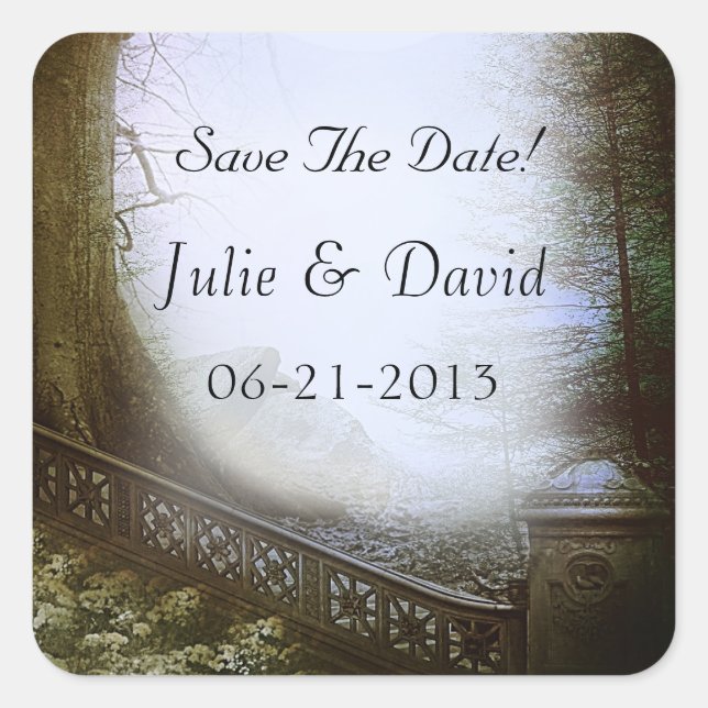 Enchanted Forest Scene Save The Date Square Sticker (Front)