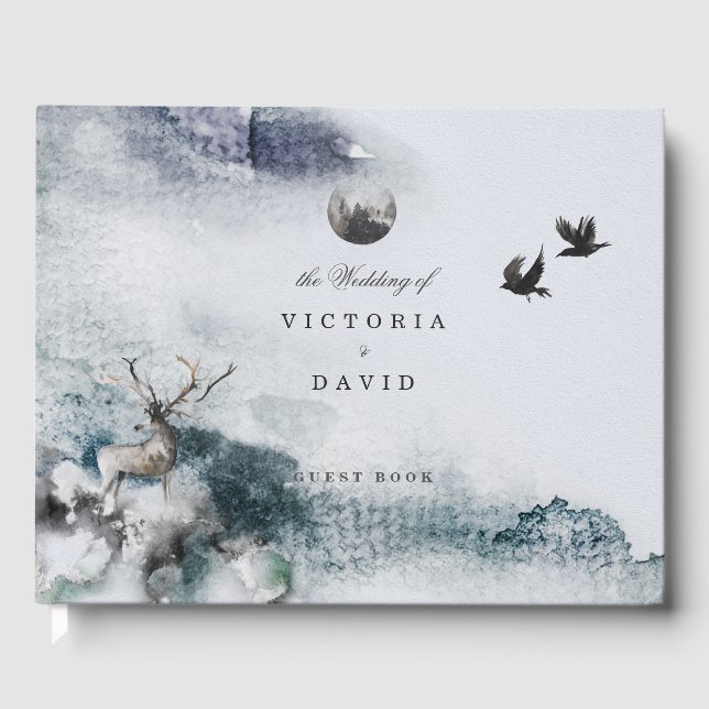 Enchanted Forest Stag Moon Wedding Guest Book (Front)