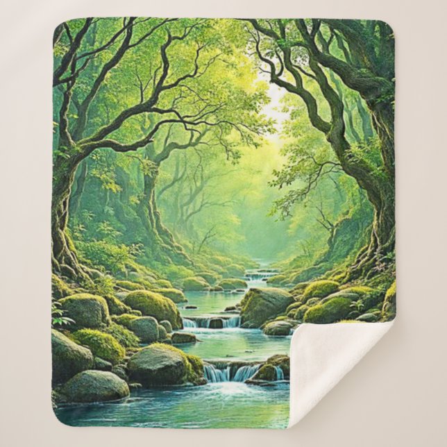 Enchanted Forest Stream Design Sherpa Blanket (Front)