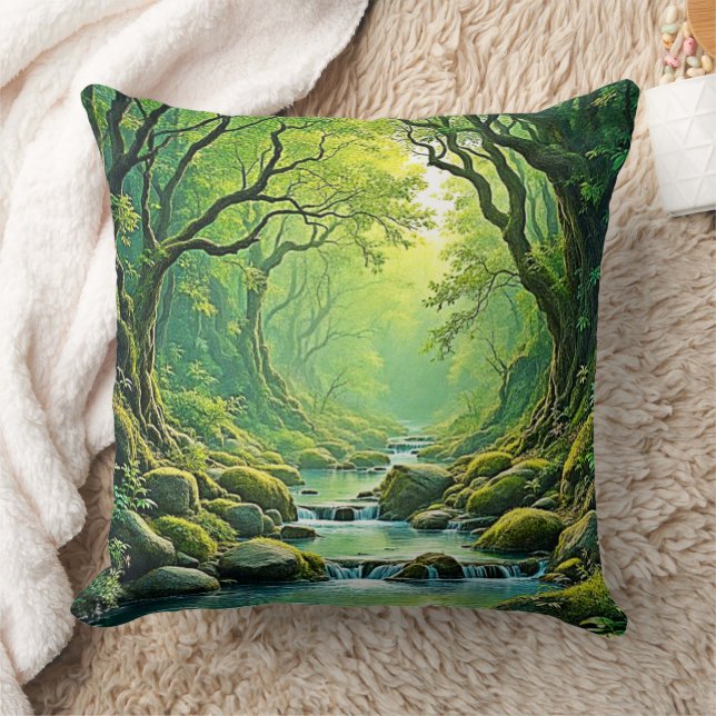 Enchanted Forest Stream Design Throw Pillow (Blanket)