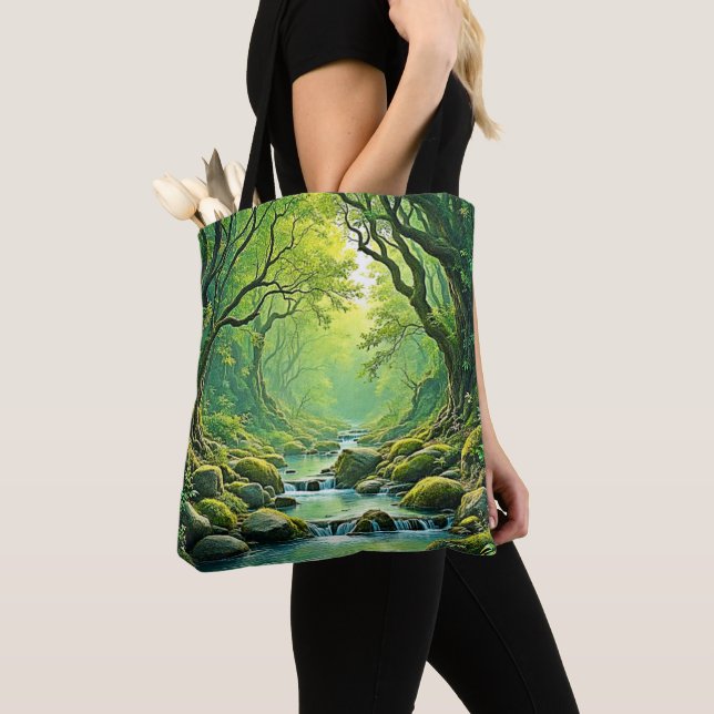 Enchanted Forest Stream Design Tote Bag (Close Up)