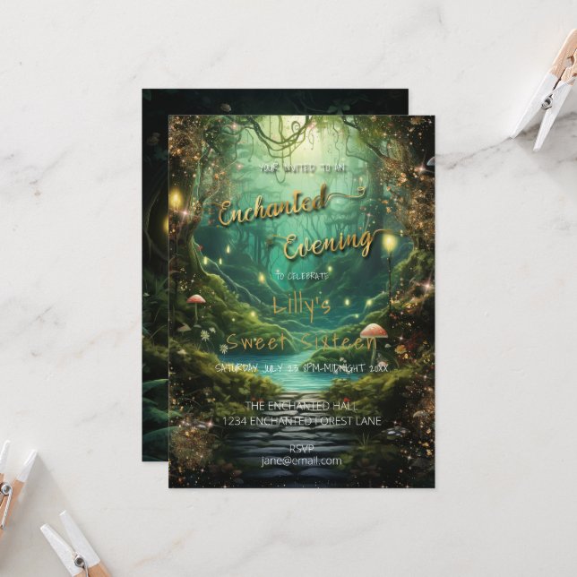 Enchanted Forest Sweet 16 Anniversaire Invitation (Devant/Arrière en situation)
