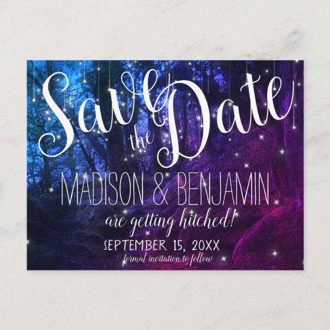 Enchanted Forest Trees Fairy Lights Save the Date Postcard (Front)