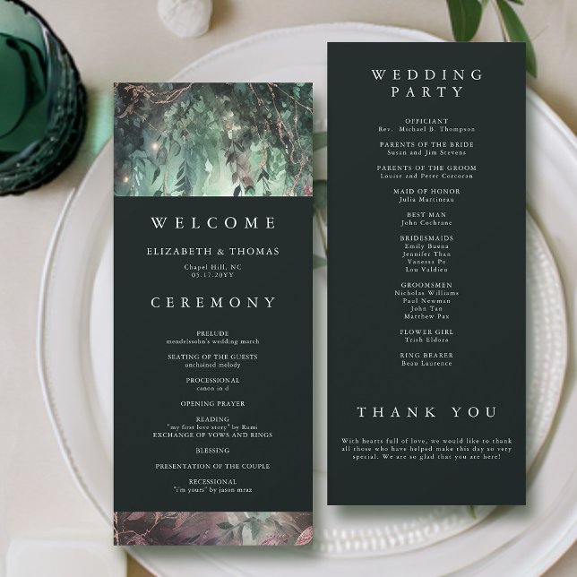 Enchanted Forest Vines Gold Mauve Wedding Program (enchanted forest wedding program modern elegant romantic watercolor gold vines emerald mauve)