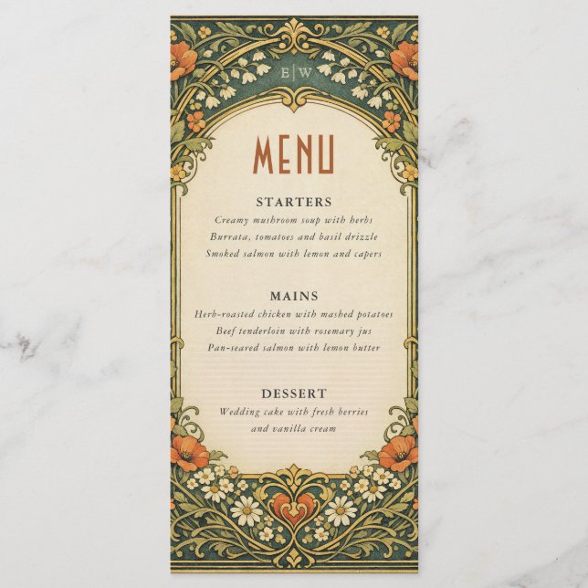 Enchanted Forest Vintage Art Nouveau Wedding Menu (Front)