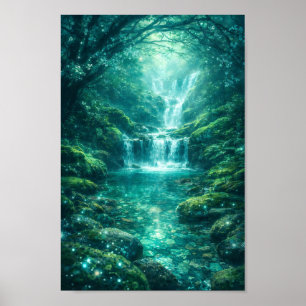 Enchanted Forest Waterfall Emerald Green Nature Poster