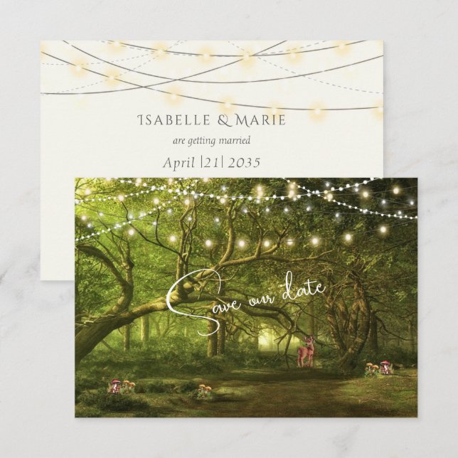Enchanted Forest Wedding Lights Mushrooms Fawn   Save The Date (Front/Back)