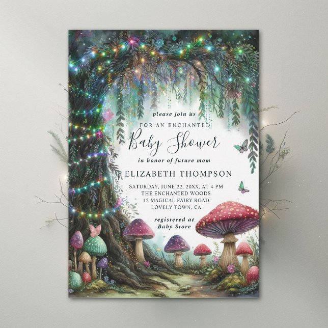 Enchanted Forest Whimsical Mushrooms Baby Shower Invitation (enchanted forest baby shower invitation woodland mushrooms rainbow twinkle magic fairy)