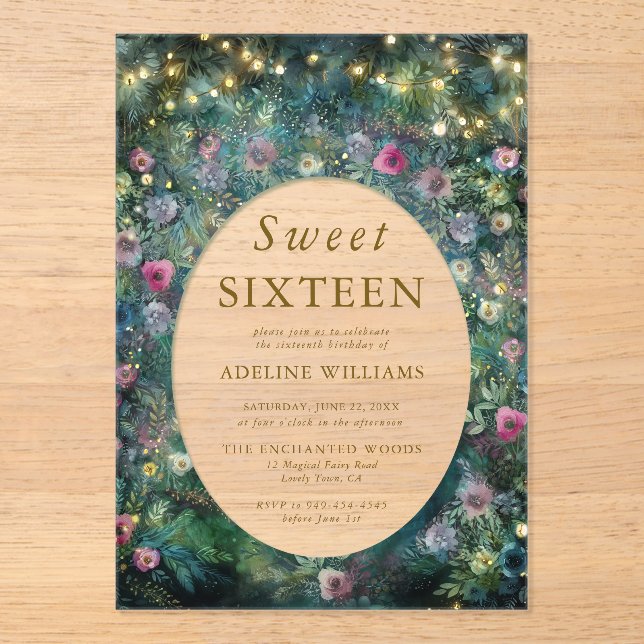 Enchanted Forest Wild Roses Woodland Sweet 16 Acrylic Invitations (Front)