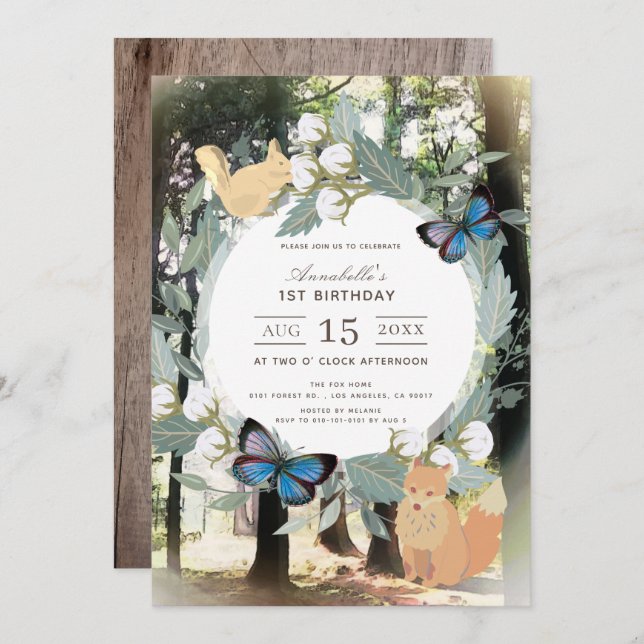 Enchanted Forest Woodland Animals 1st Birthday Invitation (Front/Back)