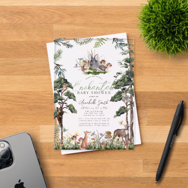 Enchanted Forest Woodland Animals Baby Shower Acrylic Invitations (Insitu (Invitation Card))