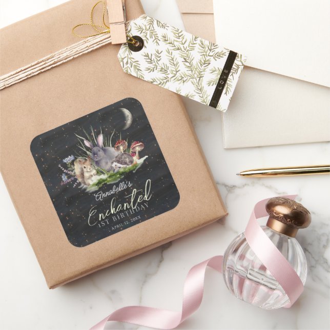 Enchanted Forest Woodland Animals Birthday Square Sticker (Gifting)