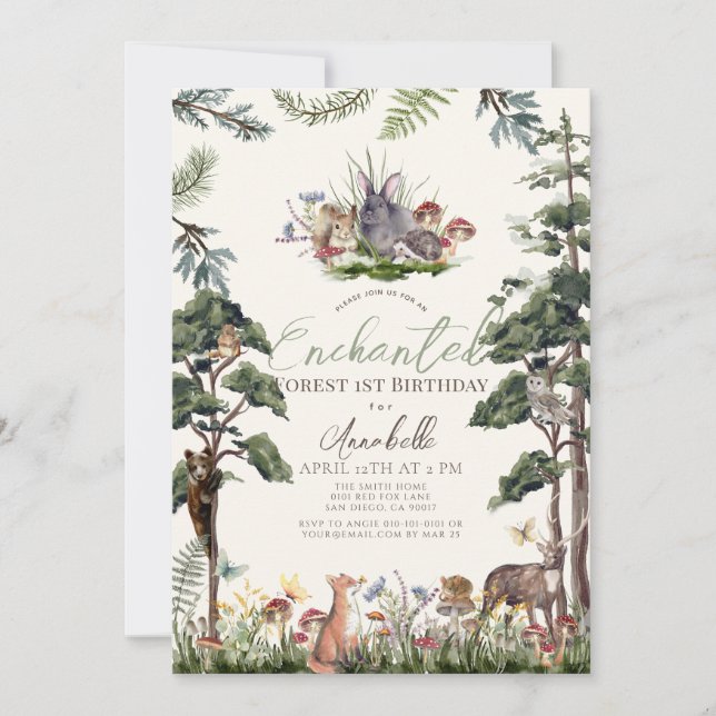 Enchanted Forest Woodland Animals Cream Birthday Invitation (Front)